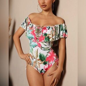 NWT TINIBIKINI Tropical Kisses One Piece off the shoulder lace up swimsu…